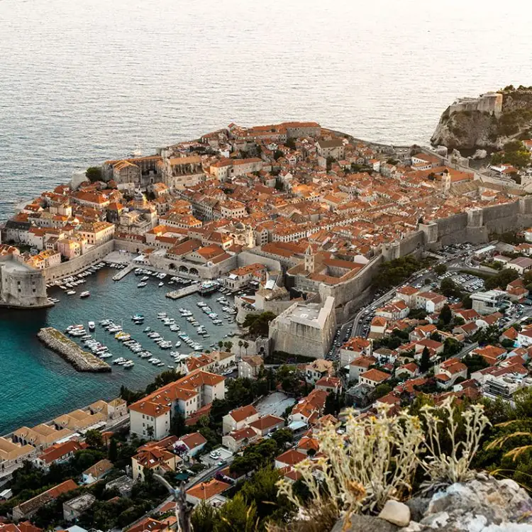 An aerial shot of beautiful buildings on the coast in Dubrovnik.