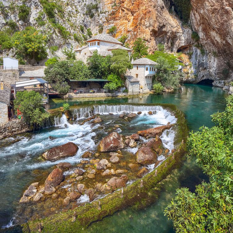 Dervish monastery or tekke at the Buna River spring in the town Dervish monastery or tekke at the Buna River spring in the town of Blagaj. Location: Blagaj, Mostar basin, Herzegovina-Neretva Canton, Bosnia and Herzegovina, Europe